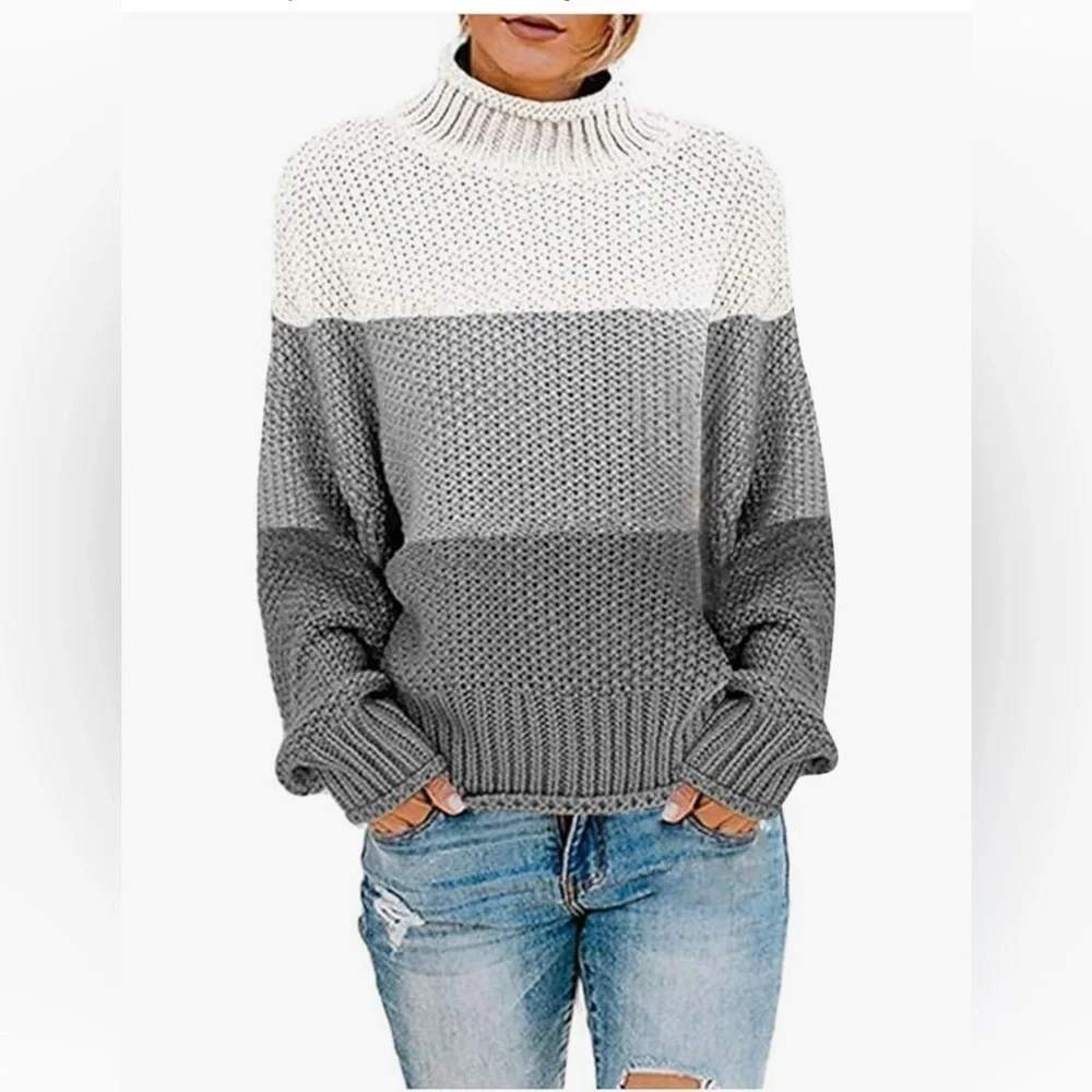 Zesica Women's‎ Mock Neck Colorblock Chunky Knit Sweater Grey White - S